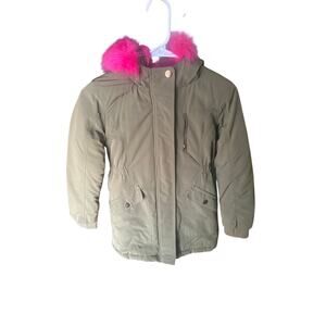 Cat & Jack Girls Olive Green Parka with Hot Pink Faux Fur Hood Size M 7/8